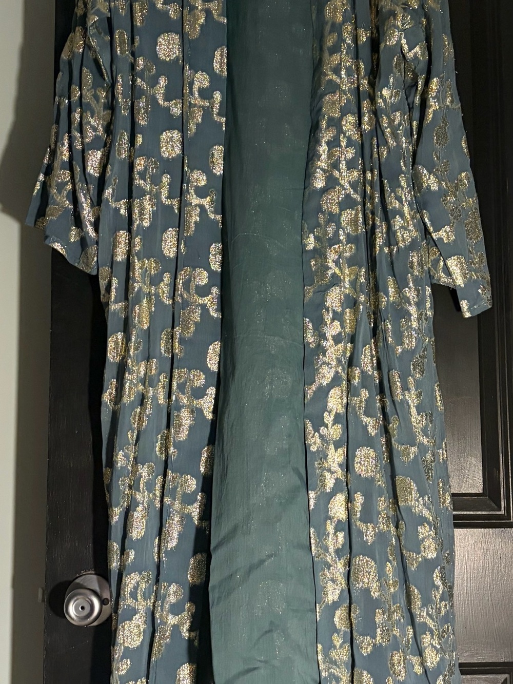 RAGA Teal Open-Front Duster with Gold Metallic Floral Pattern